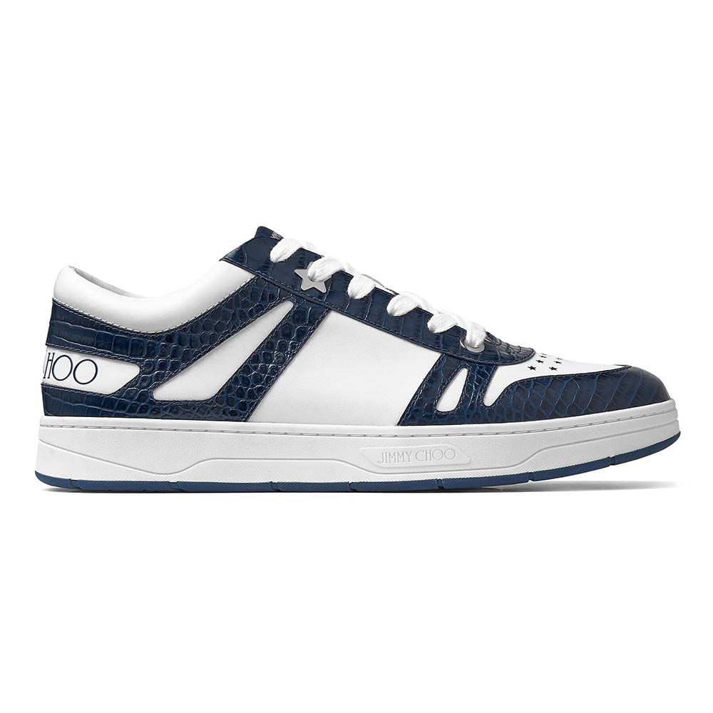 Side profile of Jimmy Choo Men Hawaii/M Marine Croc-Embossed Leather Low Top Trainers