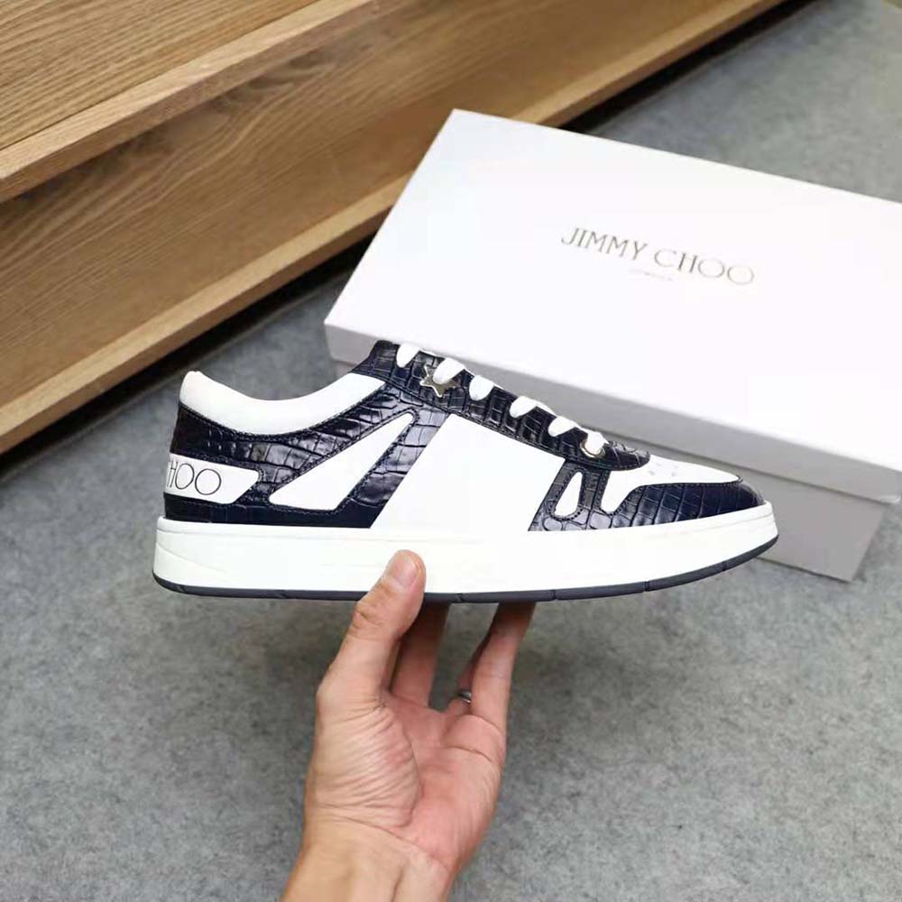 Jimmy Choo Men Hawaii/M Marine Croc-Embossed Leather and White Calf Leather Low Top Trainers - image 6