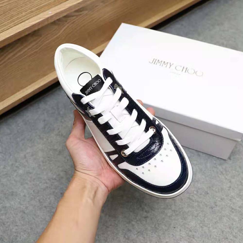 Jimmy Choo Men Hawaii/M Marine Croc-Embossed Leather and White Calf Leather Low Top Trainers - image 8