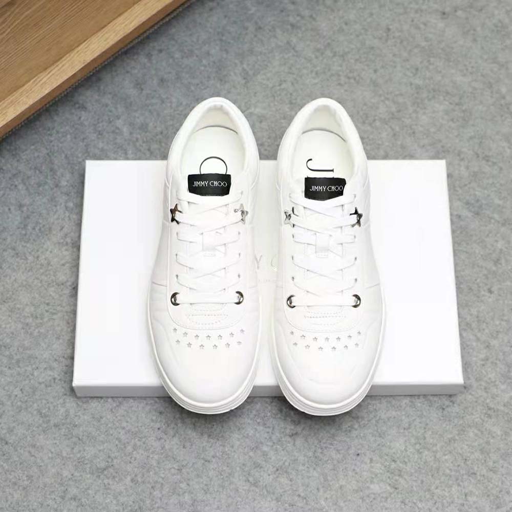 Close-up of laces and leather texture on Jimmy Choo Men Hawaii/M trainers