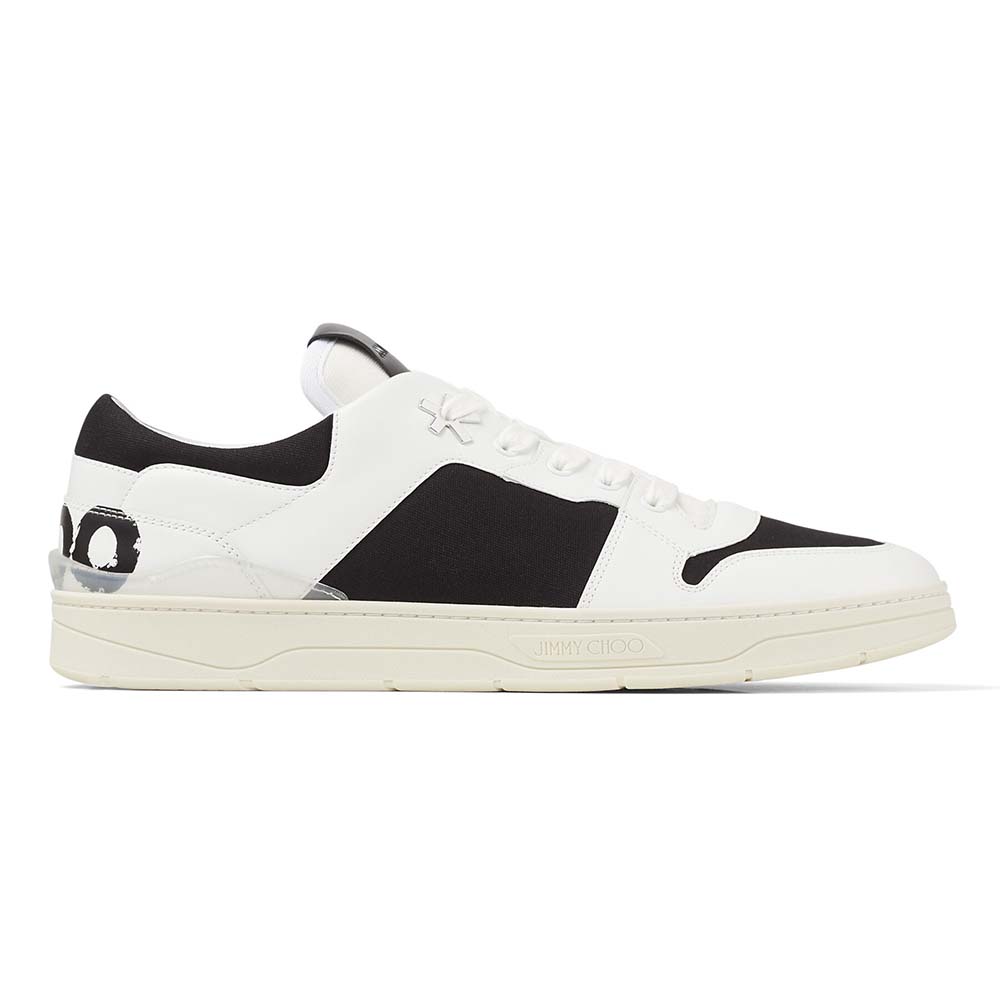 Side view of Jimmy Choo Unisex JC Eric Haze Florent/M White Calf Leather and Black Canvas Trainers
