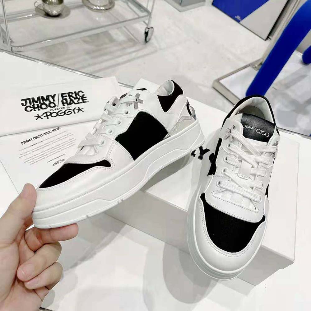 Jimmy Choo Unisex JC / Eric Haze Florent/M White Calf Leather and Black Canvas Trainers - image 5