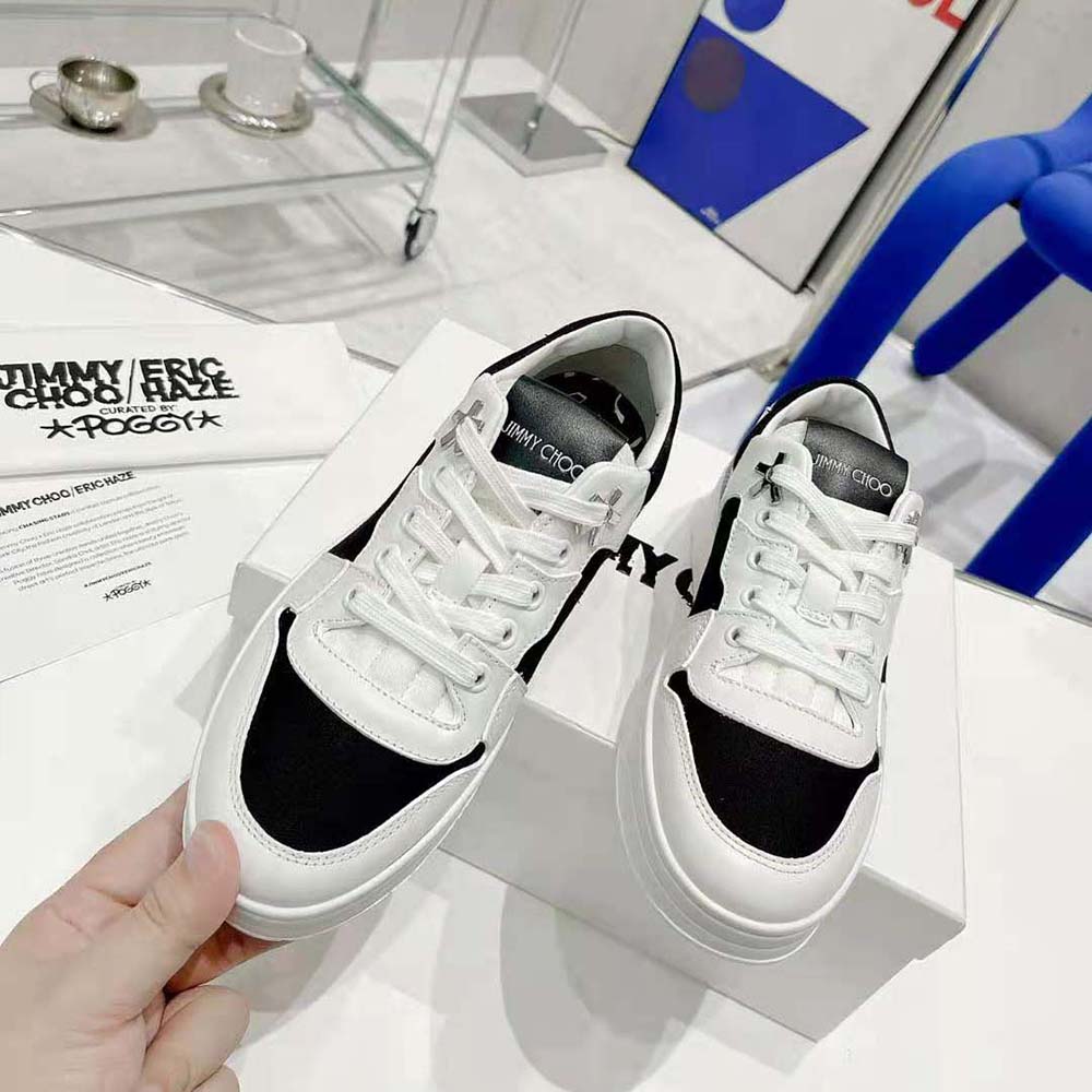 Jimmy Choo Unisex JC / Eric Haze Florent/M White Calf Leather and Black Canvas Trainers - image 4