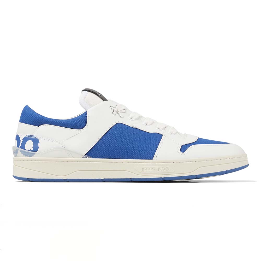 Side view of Jimmy Choo Unisex JC Eric Haze Florent/M White Calf Leather and Blue Canvas Trainers
