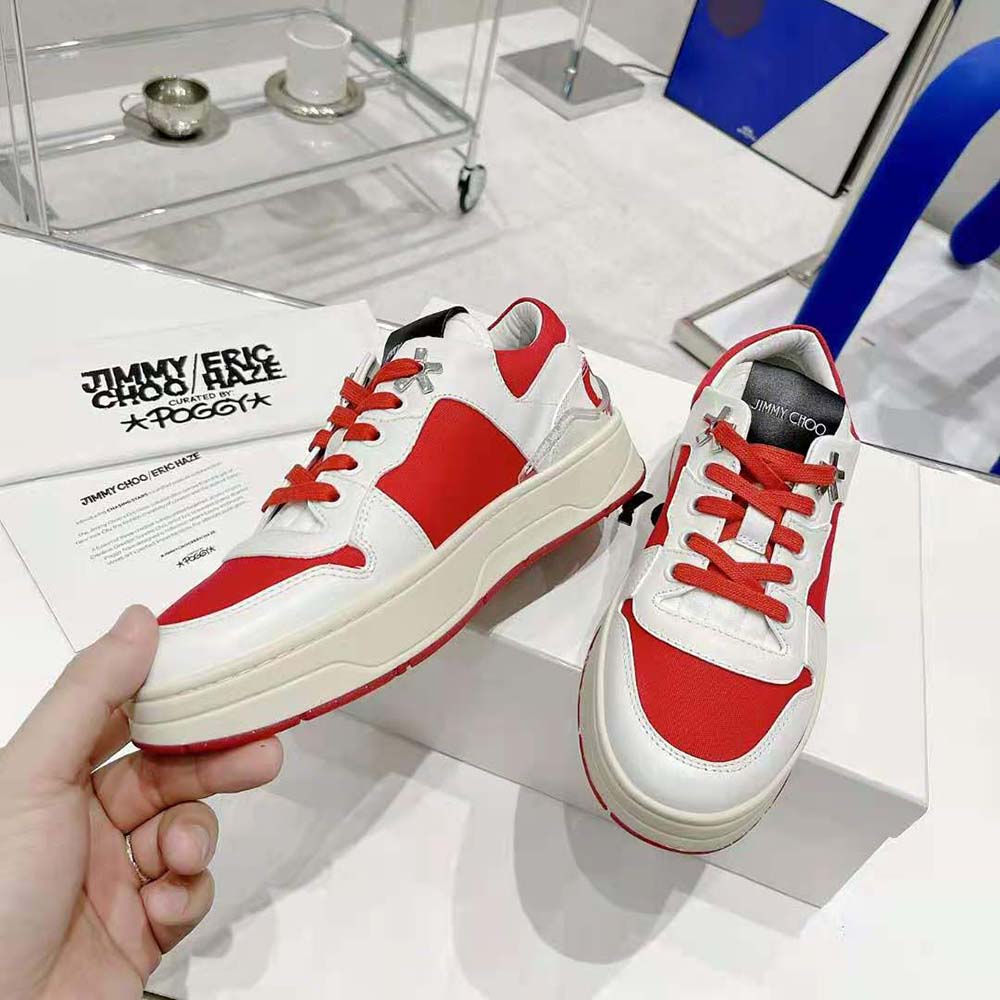 Jimmy Choo Unisex JC / Eric Haze Florent/M White Calf Leather and Red Canvas Trainers - image 5