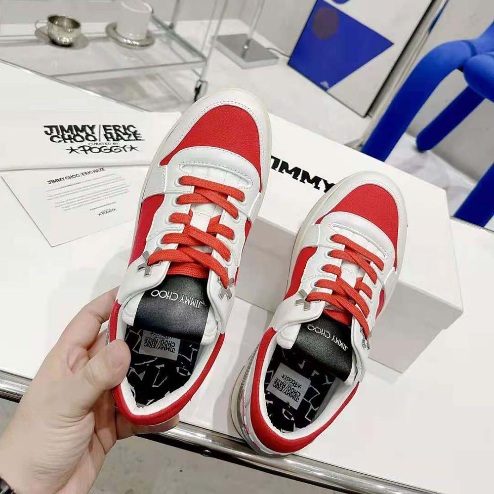 Jimmy Choo Unisex JC / Eric Haze Florent/M White Calf Leather and Red Canvas Trainers - image 6