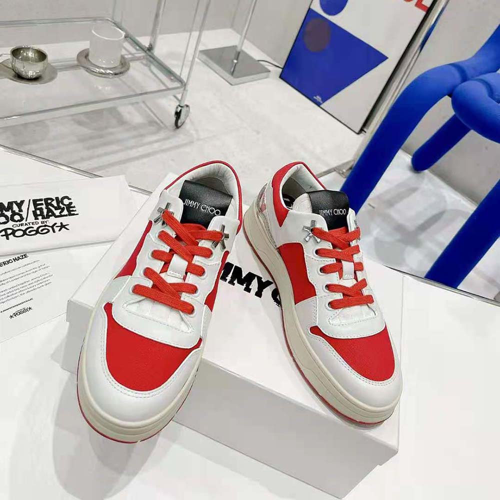 Jimmy Choo Unisex JC / Eric Haze Florent/M White Calf Leather and Red Canvas Trainers - image 4