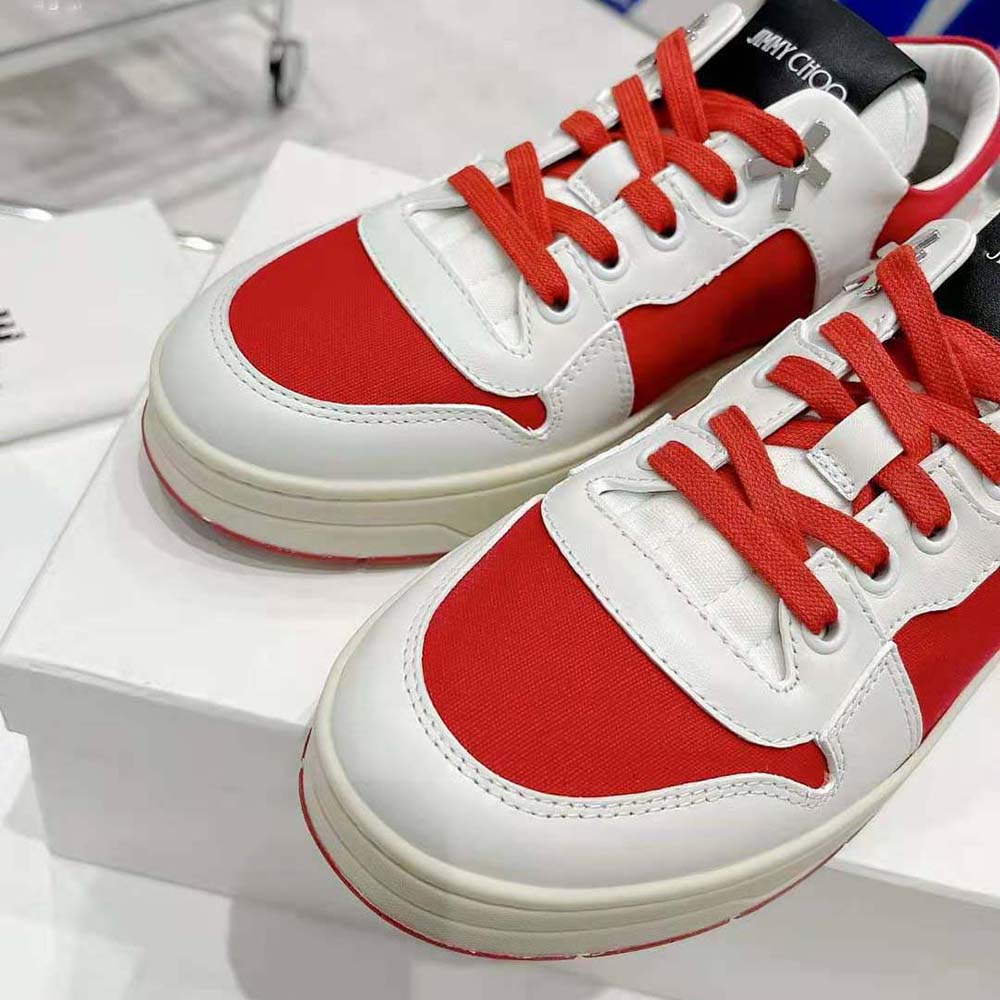 Jimmy Choo Unisex JC / Eric Haze Florent/M White Calf Leather and Red Canvas Trainers - image 9