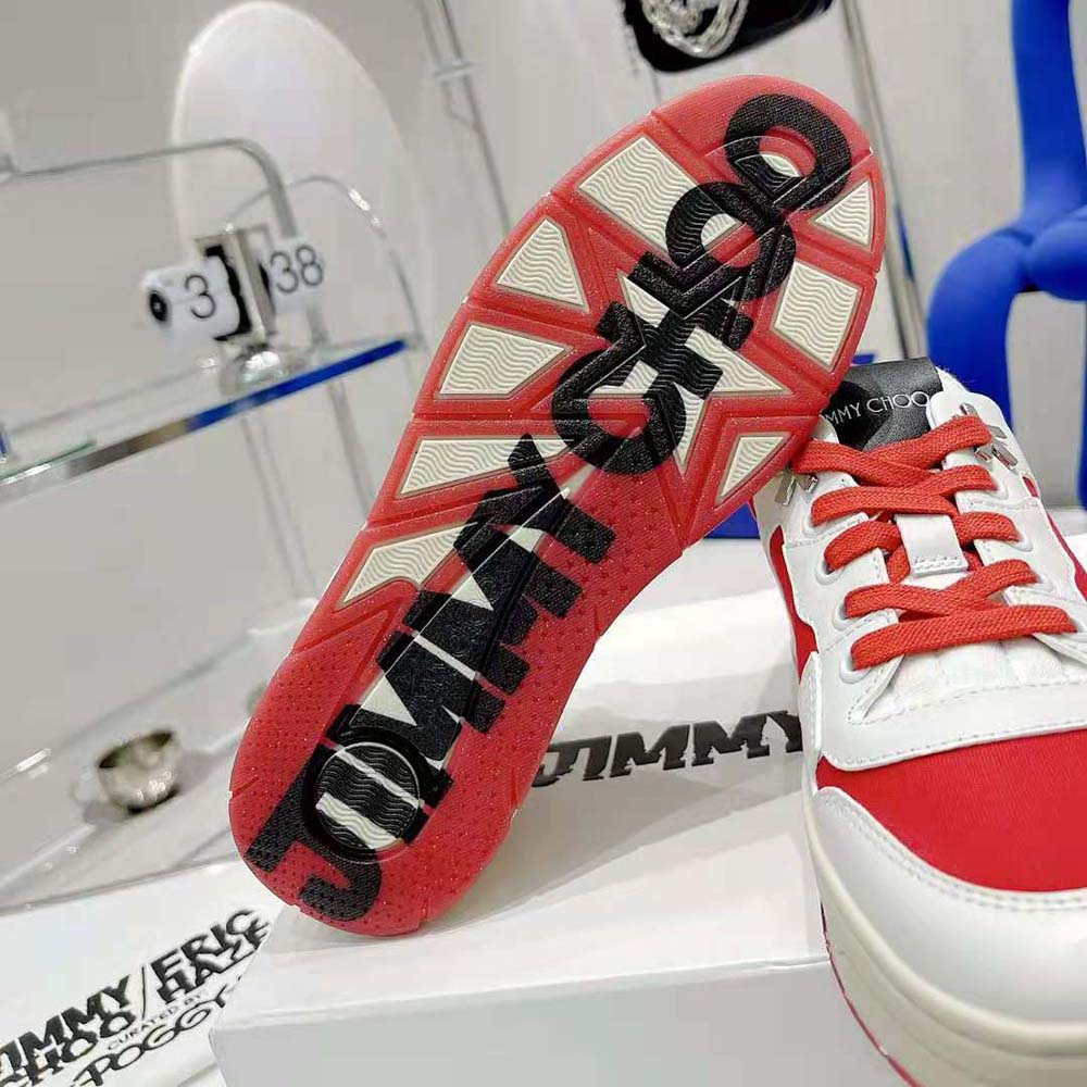 Jimmy Choo Unisex JC / Eric Haze Florent/M White Calf Leather and Red Canvas Trainers - image 7
