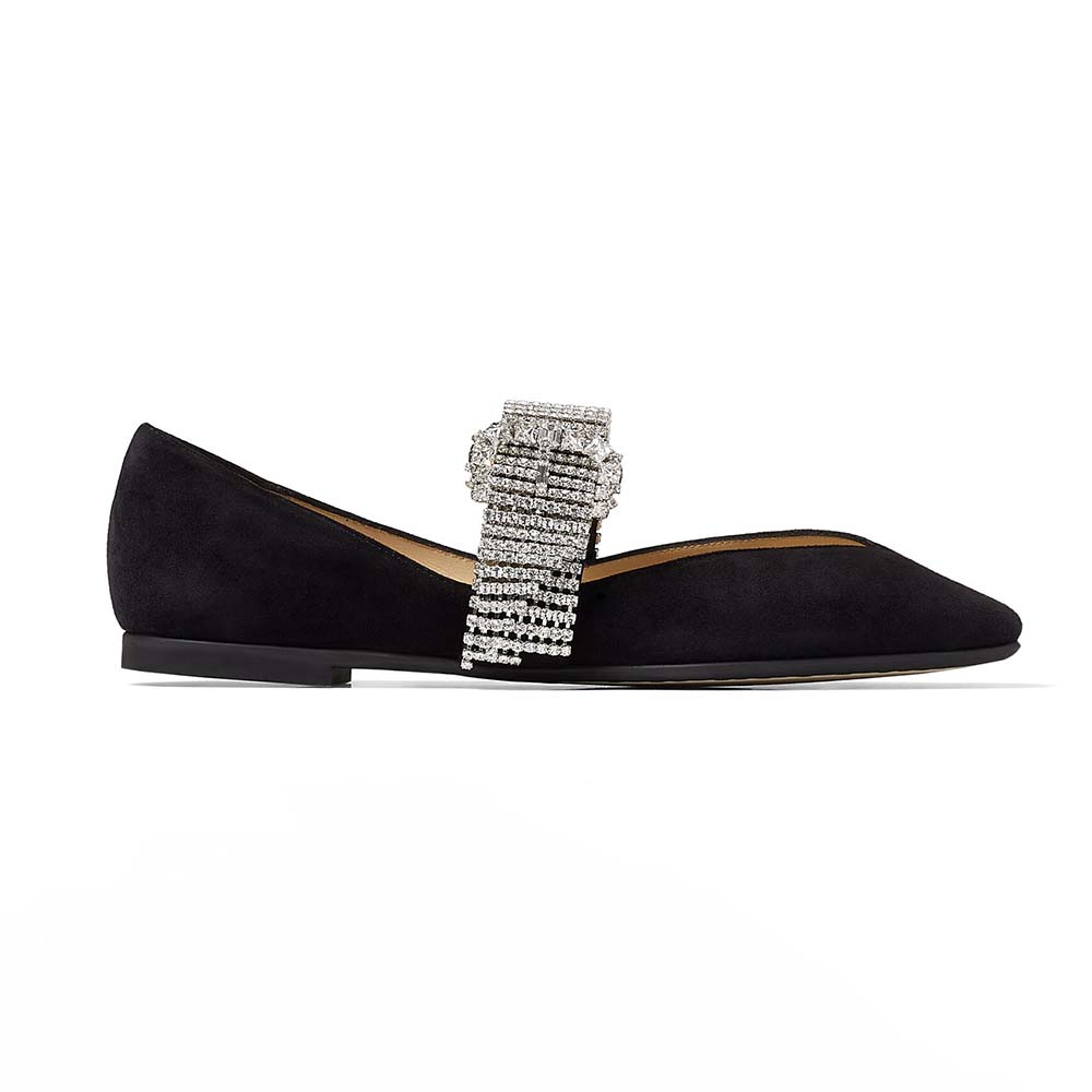 Side angle of Jimmy Choo Women Krista Flat Black Suede Flats with crystal strap