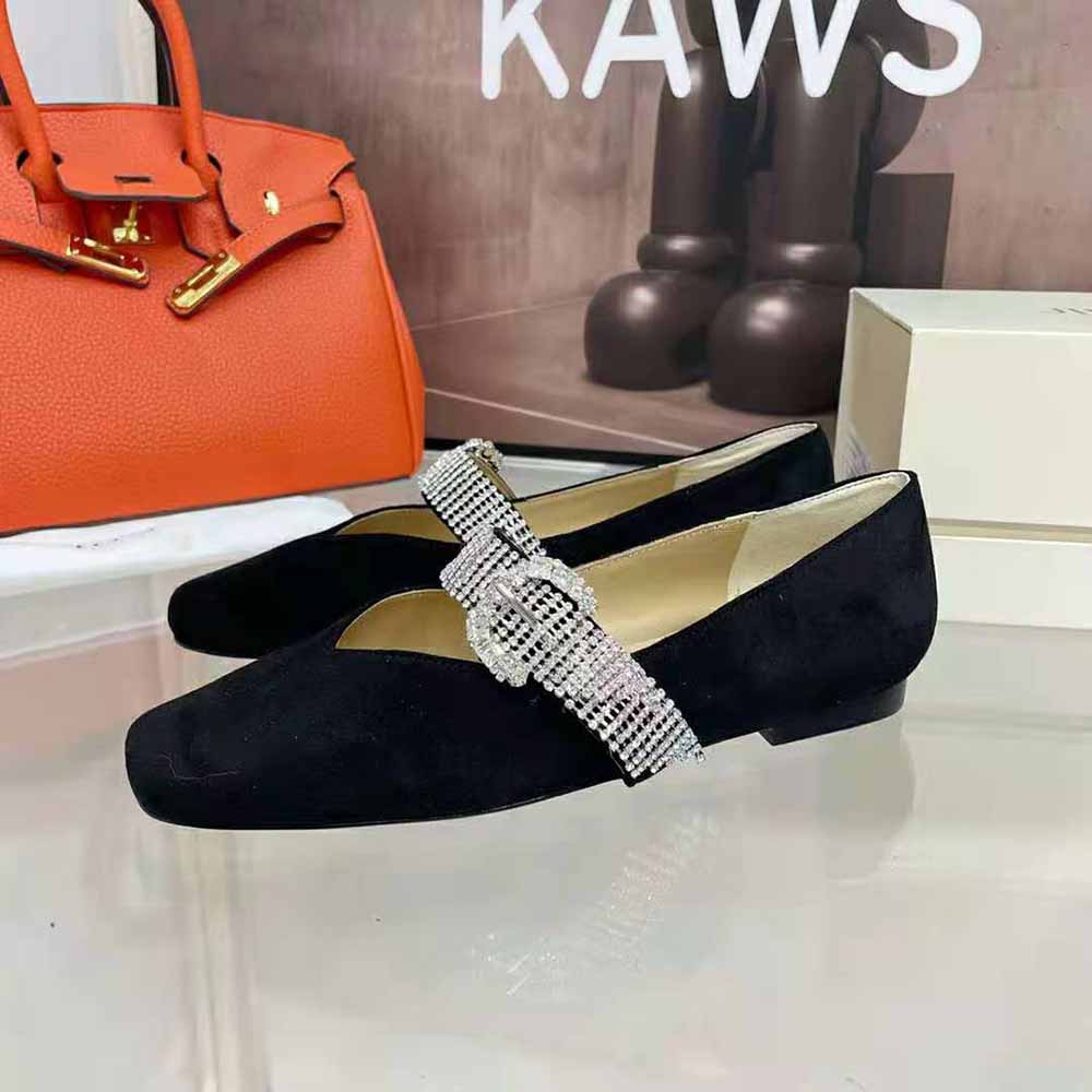 Jimmy Choo Women Krista Flat Black Suede Flats with Crystal-Embellished Strap - image 8