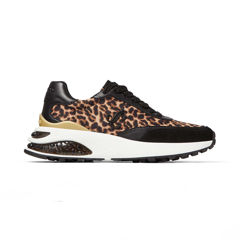 Side profile of Jimmy Choo Women Memphis Lace UP/F Natural Mix Leopard Print Nylon sneaker