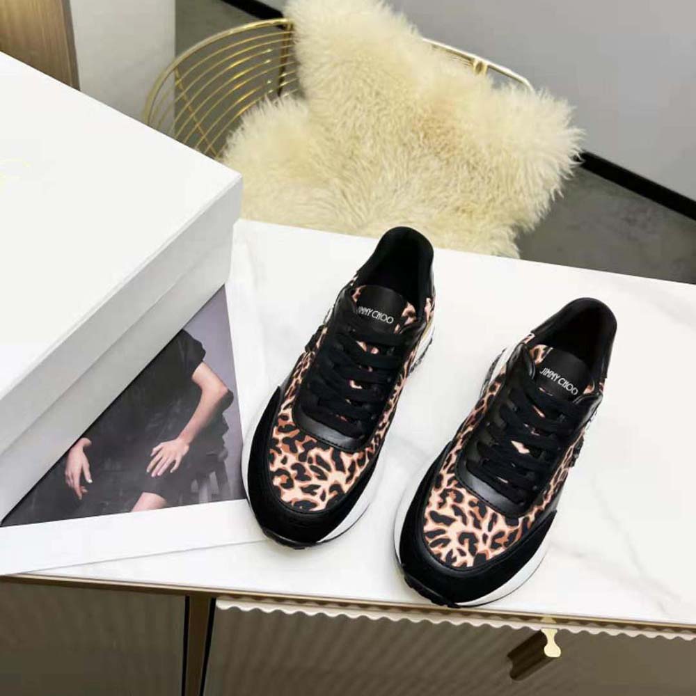 Close-up on leopard print nylon and black lace-up detail of Jimmy Choo sneaker