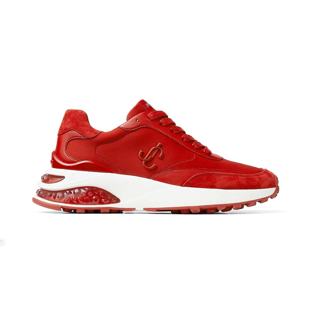 Side view of Jimmy Choo Women Memphis Lace UP/F Red Neoprene and Leather Low Top Trainers