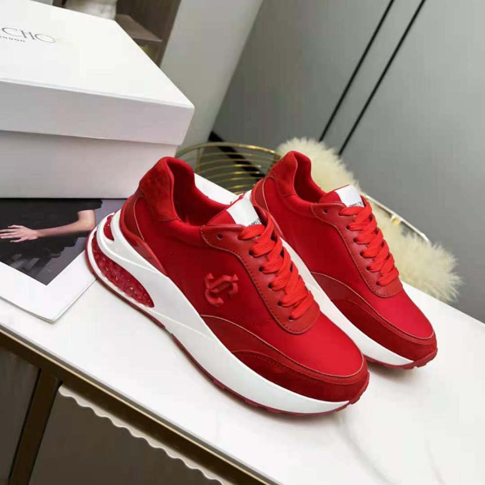 Close-up of red neoprene and leather on Jimmy Choo Memphis Lace UP/F sneakers