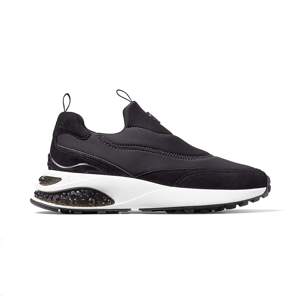 Side view of Jimmy Choo Women Memphis/F Ballet Black Neoprene and Leather Low Top Trainers
