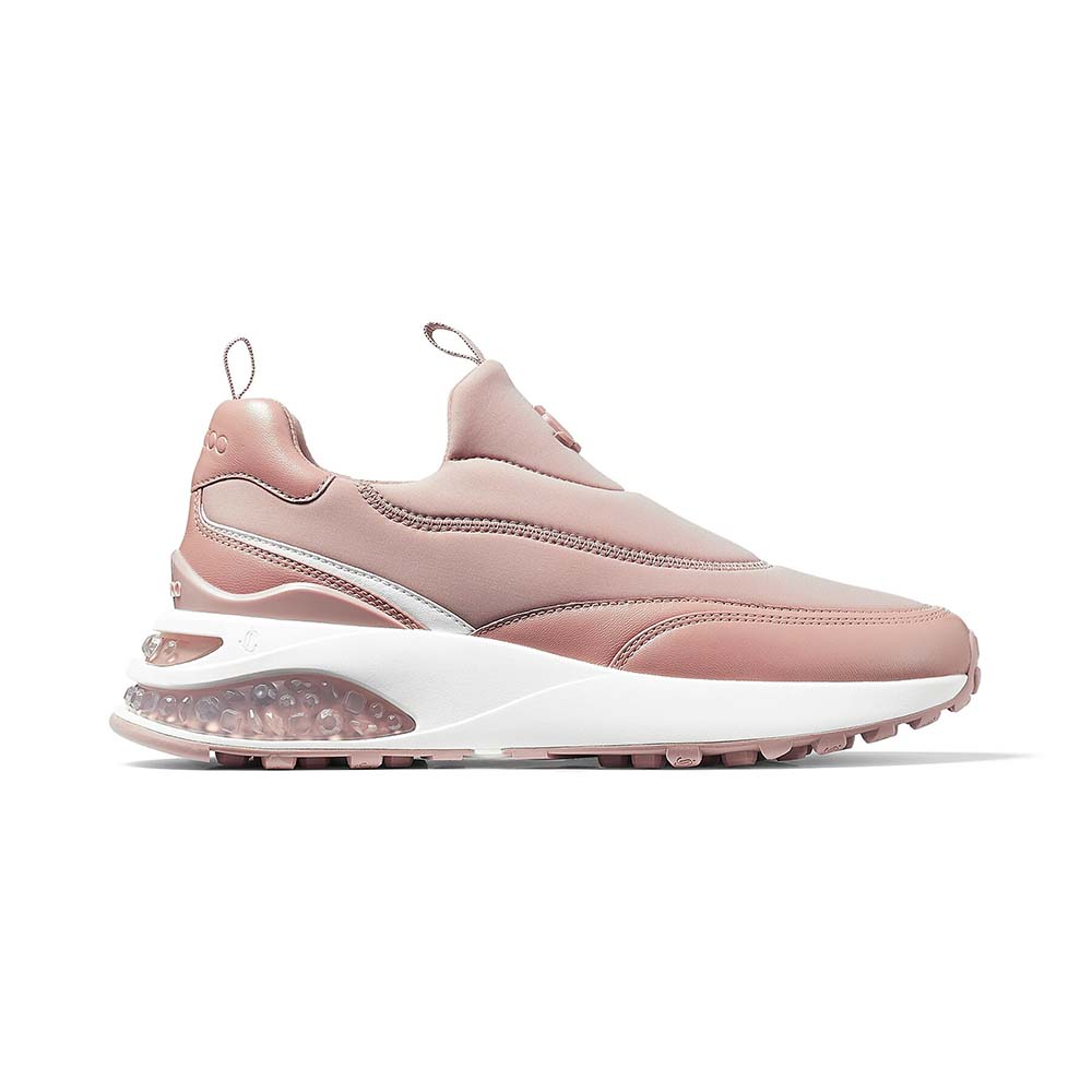 Side view of Jimmy Choo Women Memphis/F Ballet Pink Mix Neoprene and Leather Low Top Trainers