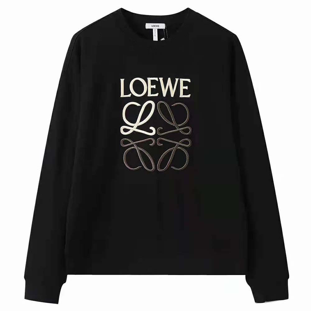 Close-up detail of Loewe Anagram embroidery on black sweatshirt
