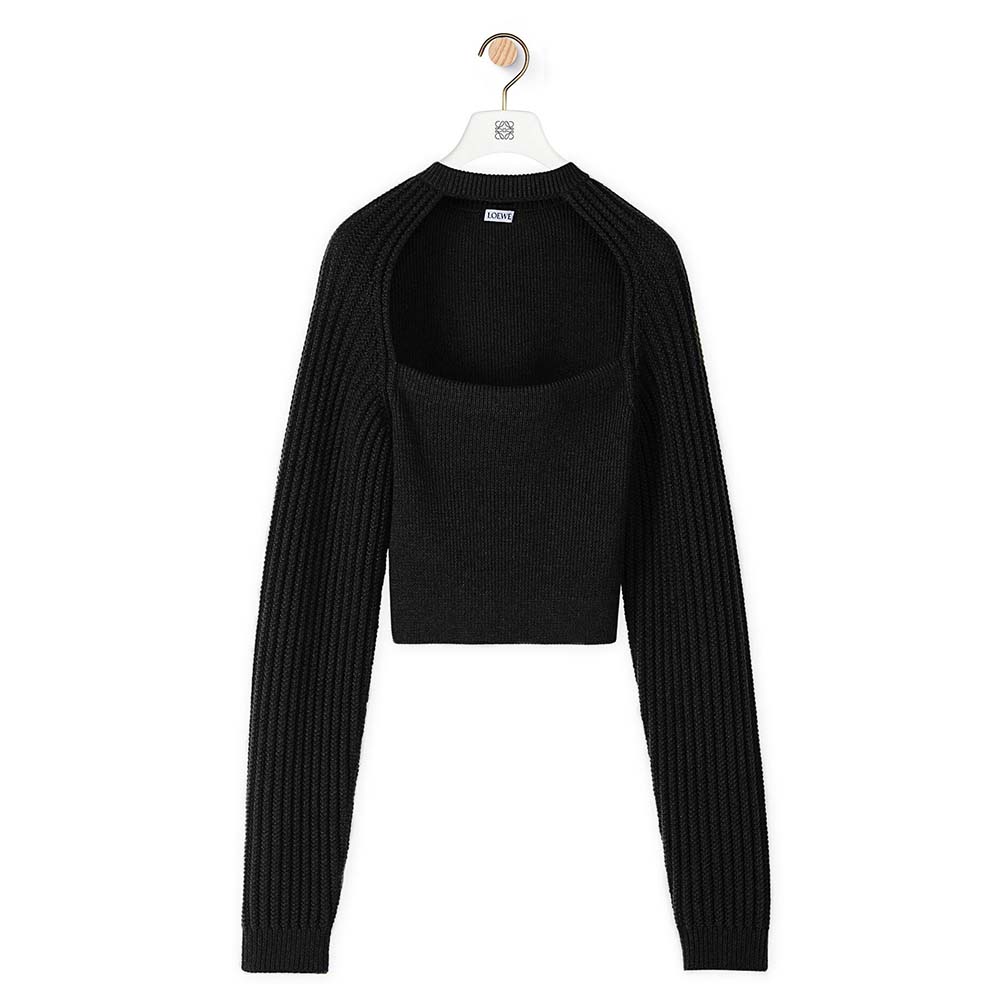 Front view of Loewe Women Cut Out Cropped Sweater in Wool-Black
