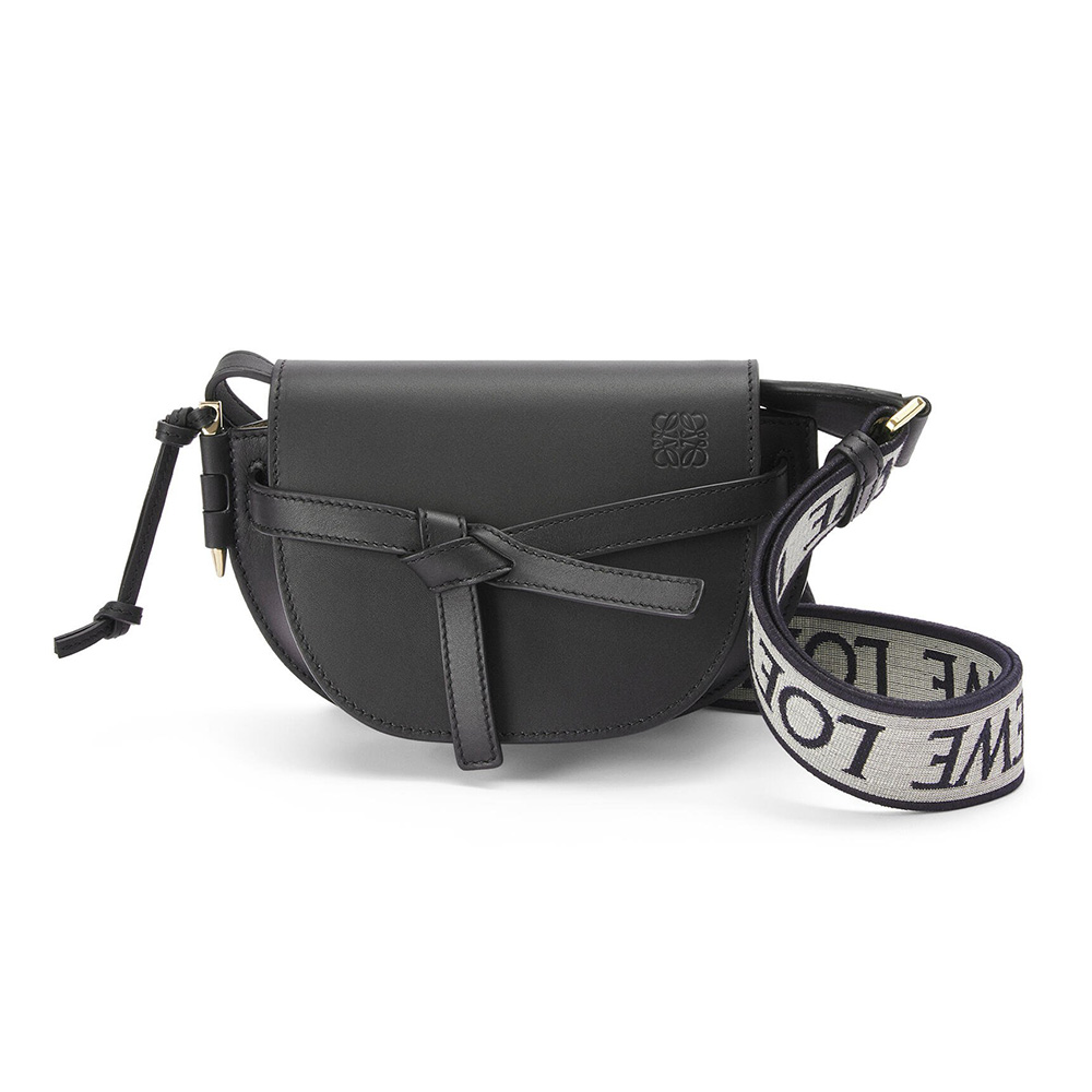 Front view of Loewe Women Mini Gate Dual Bag in Soft Calfskin and Jacquard-Black