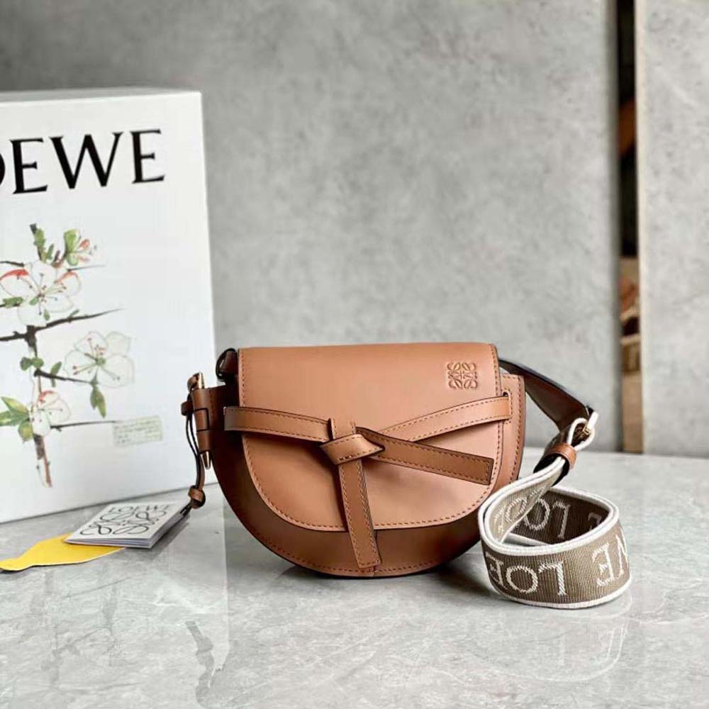 Close-up of jacquard fabric and gold-tone closure on Loewe Mini Gate Dual Bag