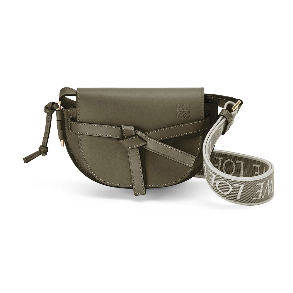 Front angle of Loewe Women Mini Gate Dual Bag in Soft Calfskin and Jacquard-Green