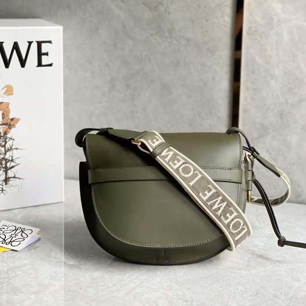 Side profile showing soft leather and curved silhouette of Loewe Women Small Gate Bag