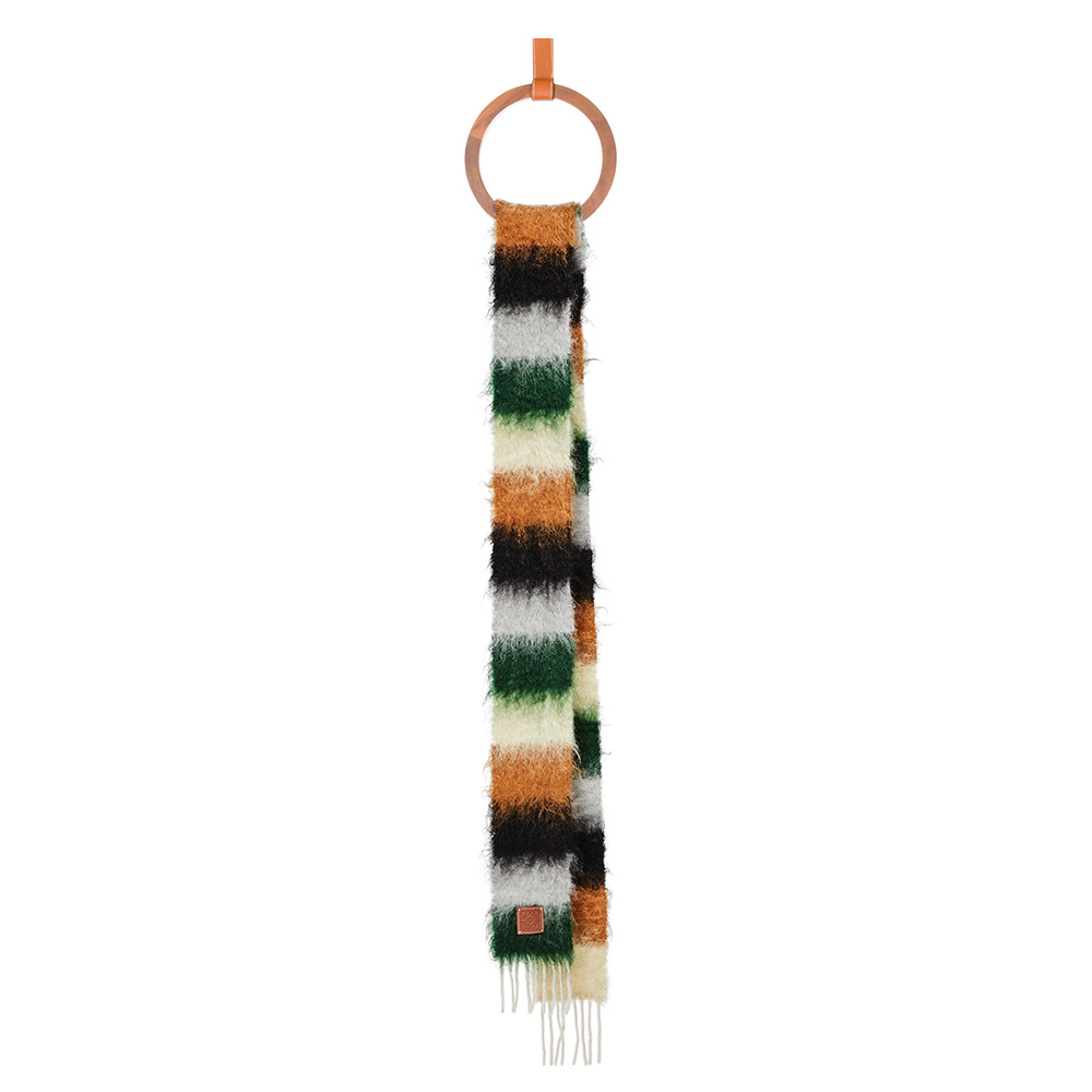 Front view of Loewe Women Stripe Scarf in Mohair showing brown stripes