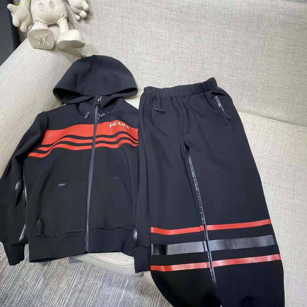 Side angle showing slim fit of Prada Men Printed Technical Fabric Jacket-Black