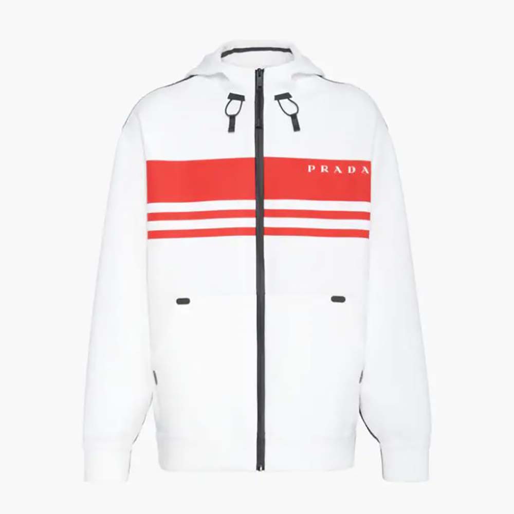 Front view of Prada Men Printed Technical Fabric Jacket-White with zip closure