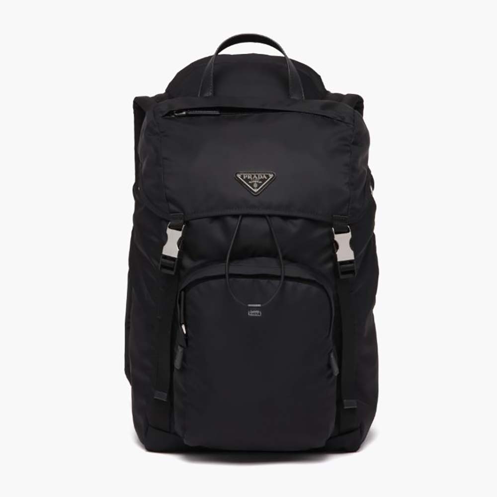 Front view of Prada Men Re-Nylon and Saffiano Leather Backpack with Hood