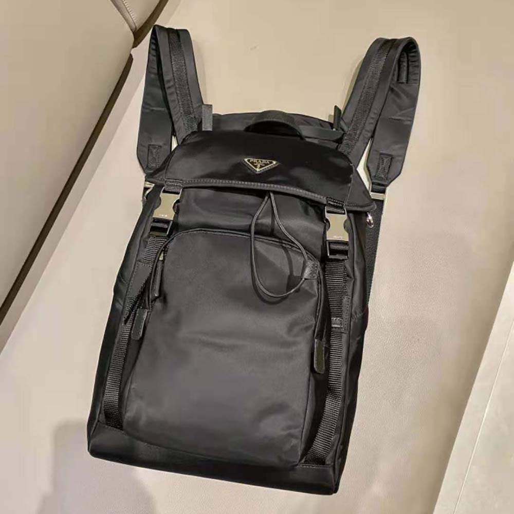 Close-up of black Saffiano leather detail on Prada backpack