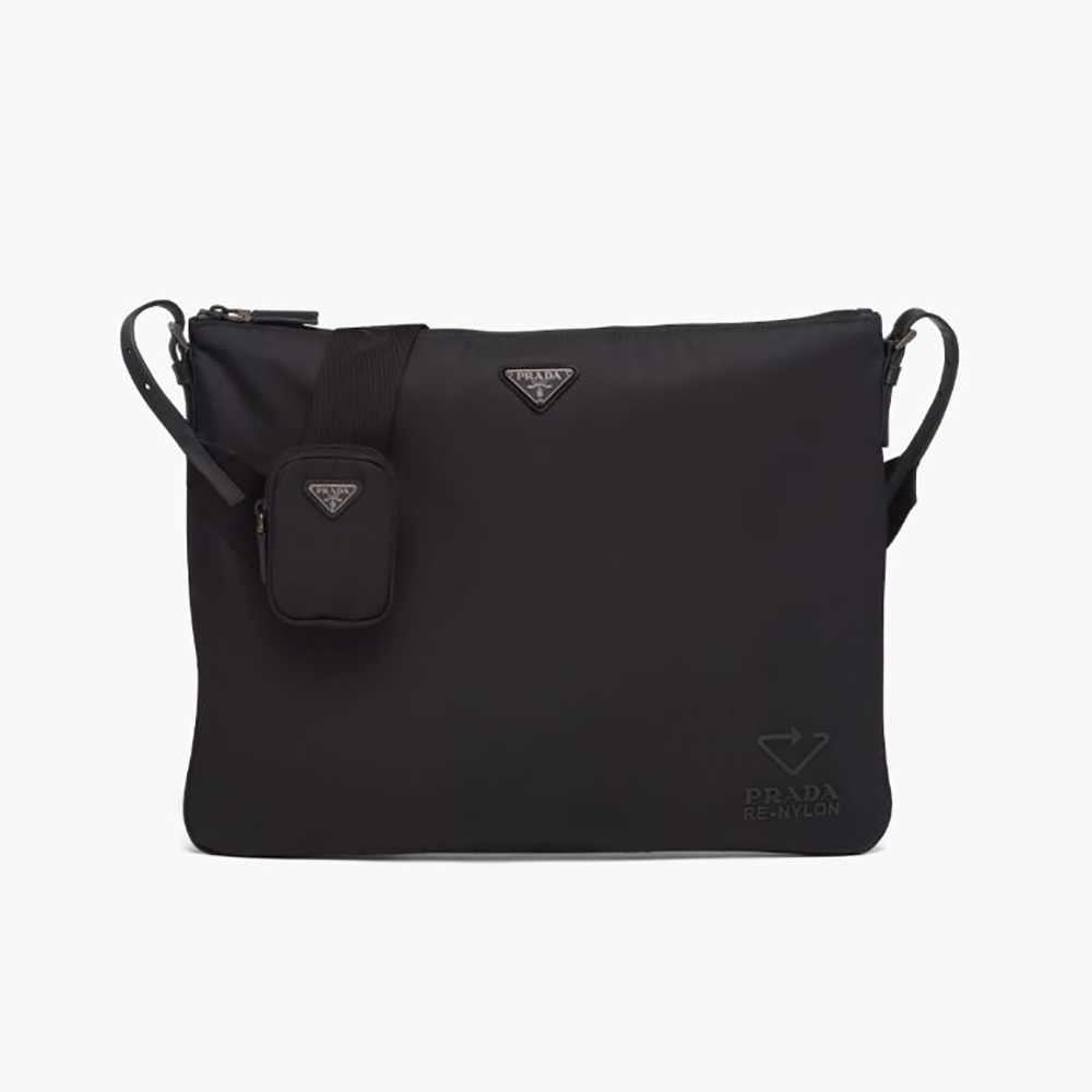 Front angle of Prada Men Re-Nylon and Saffiano Leather Shoulder Bag showing zip closure