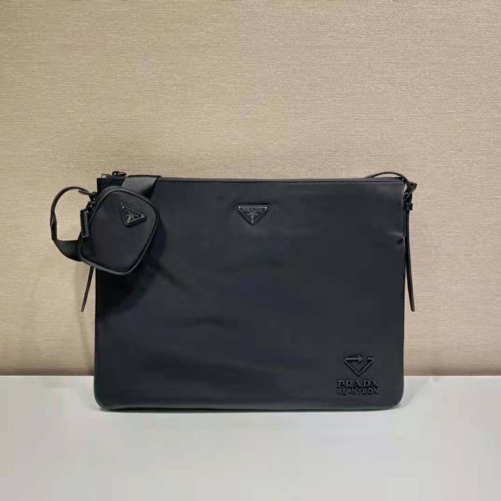 Close-up of black Saffiano leather trim on Prada Men Re-Nylon and Saffiano Leather Shoulder Bag