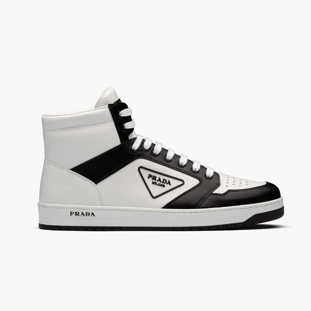 Side view of Prada Men Sporty Leather High-Top Sneakers-Black