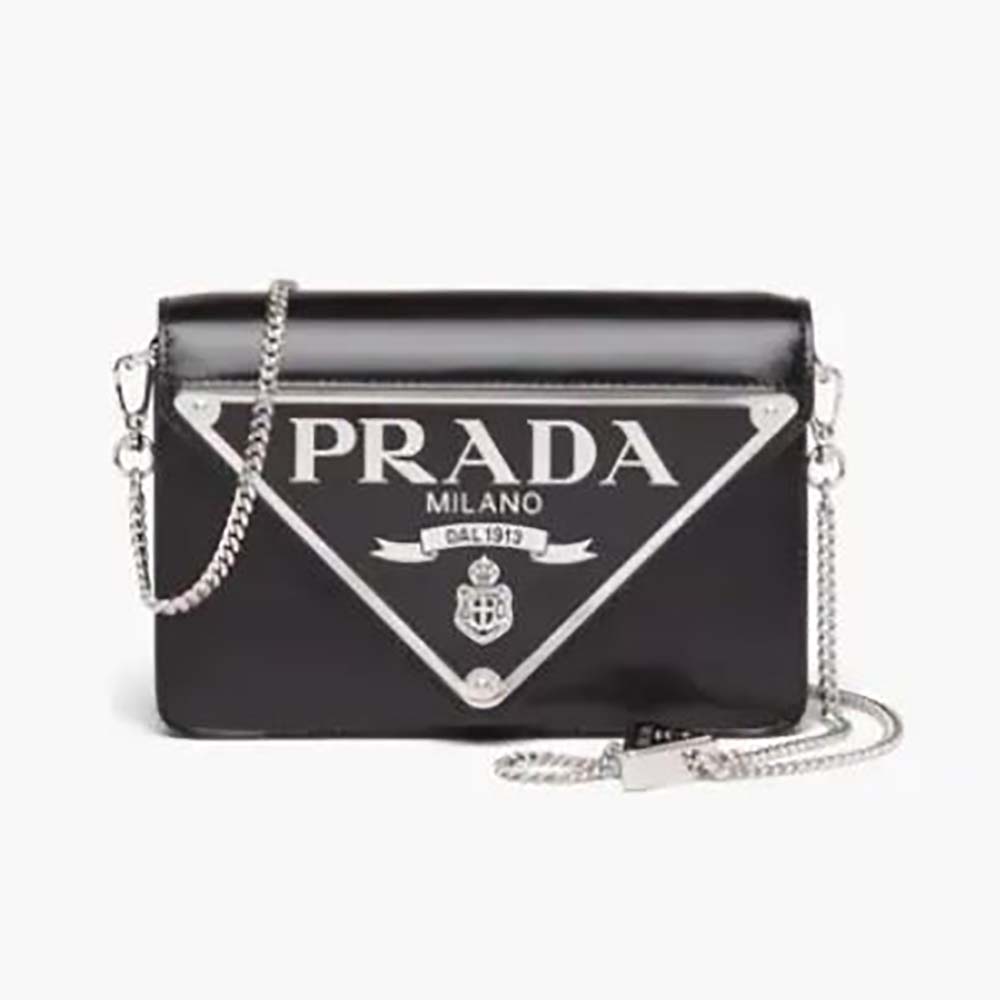 Front view of Prada Women Brushed Leather Shoulder Bag-Black with silver hardware