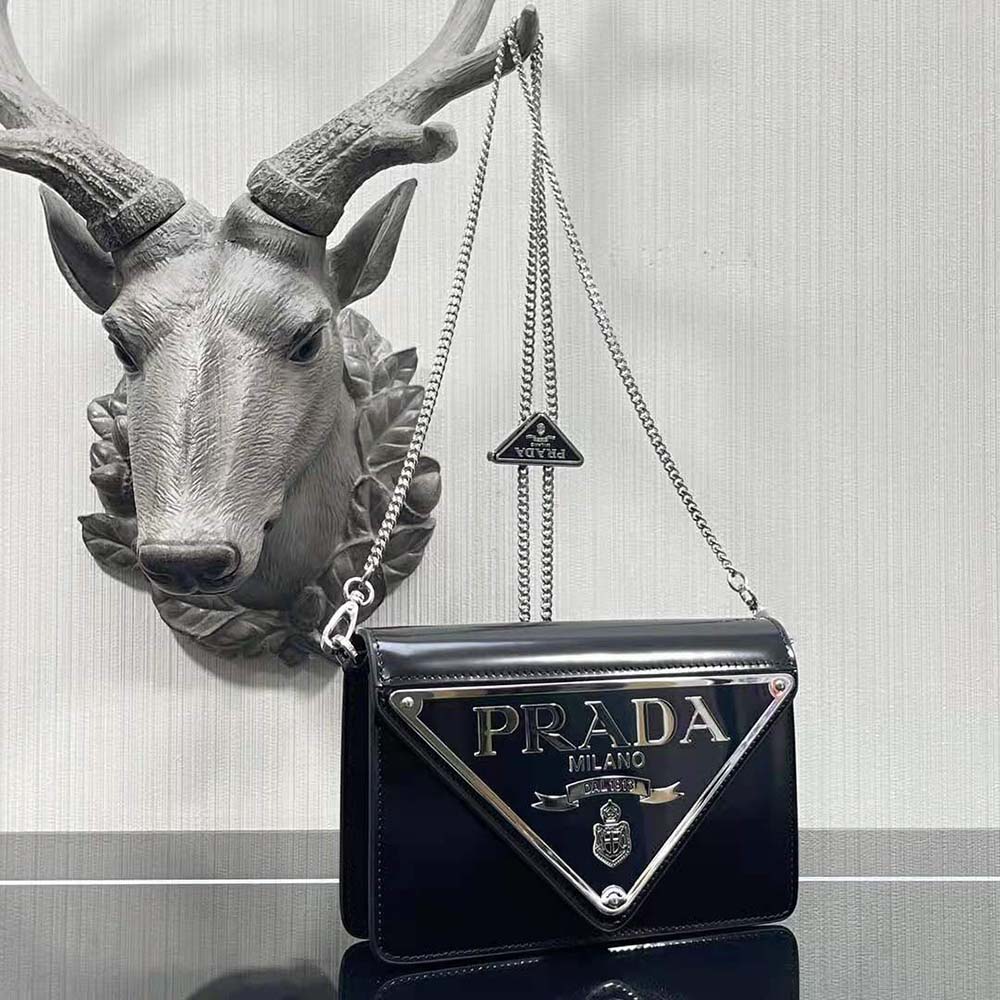 Close-up of brushed leather texture on Prada Women Brushed Leather Shoulder Bag-Black