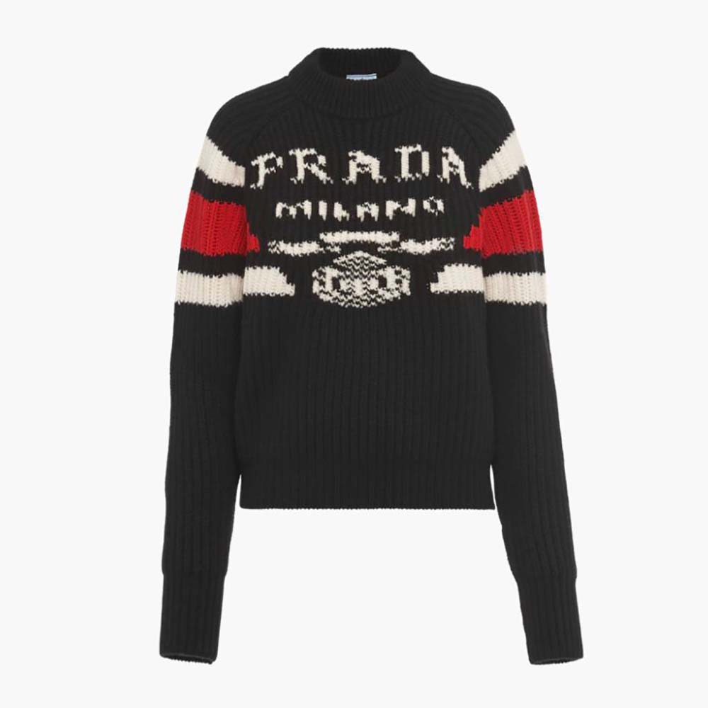 Front view of Prada Women Cashmere Ribbed Knit Sweater with Sleek-Black