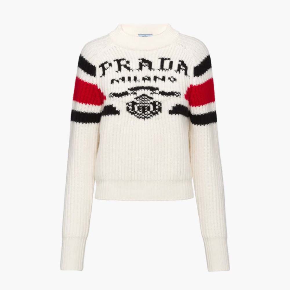 Front view of Prada Women Cashmere Ribbed Knit Sweater with Sleek-White