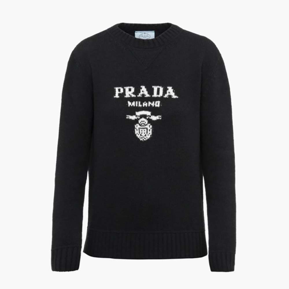 Front view of Prada Women Cashmere and Wool Prada Logo Crew-Neck Sweater-Black