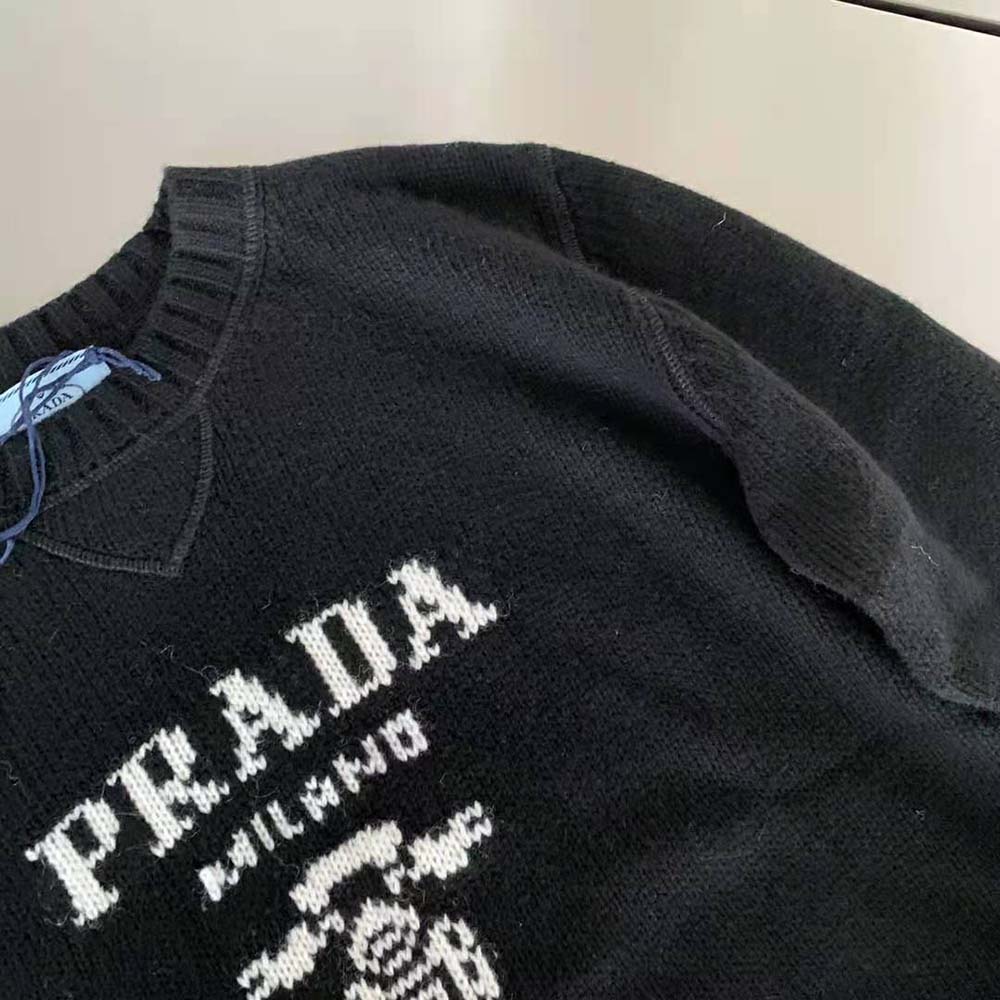 Prada Women Cashmere and Wool Prada Logo Crew-Neck Sweater-Black - image 5