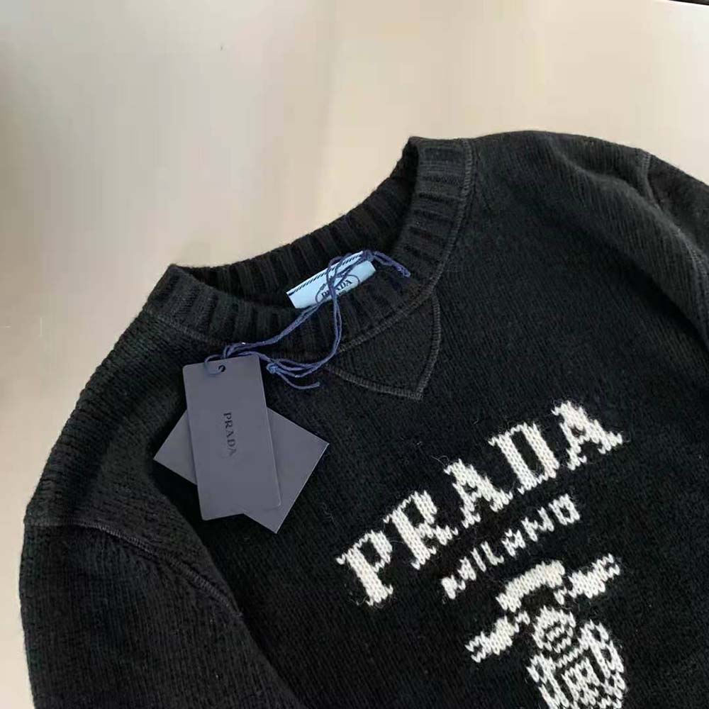 Prada Women Cashmere and Wool Prada Logo Crew-Neck Sweater-Black - image 4