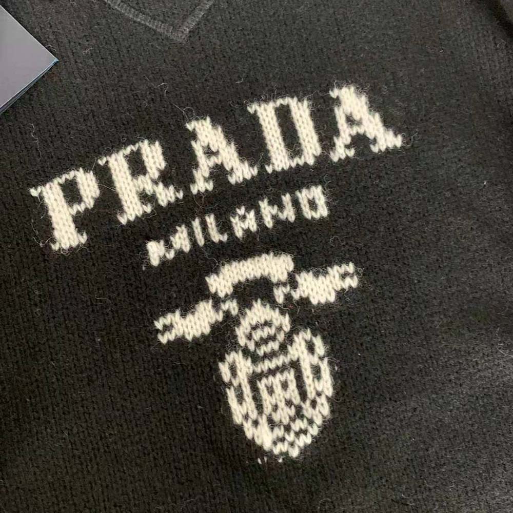 Prada Women Cashmere and Wool Prada Logo Crew-Neck Sweater-Black - image 7