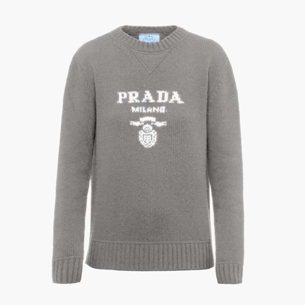 Front view of Prada Women Cashmere and Wool Prada Logo Crew-Neck Sweater-Silver