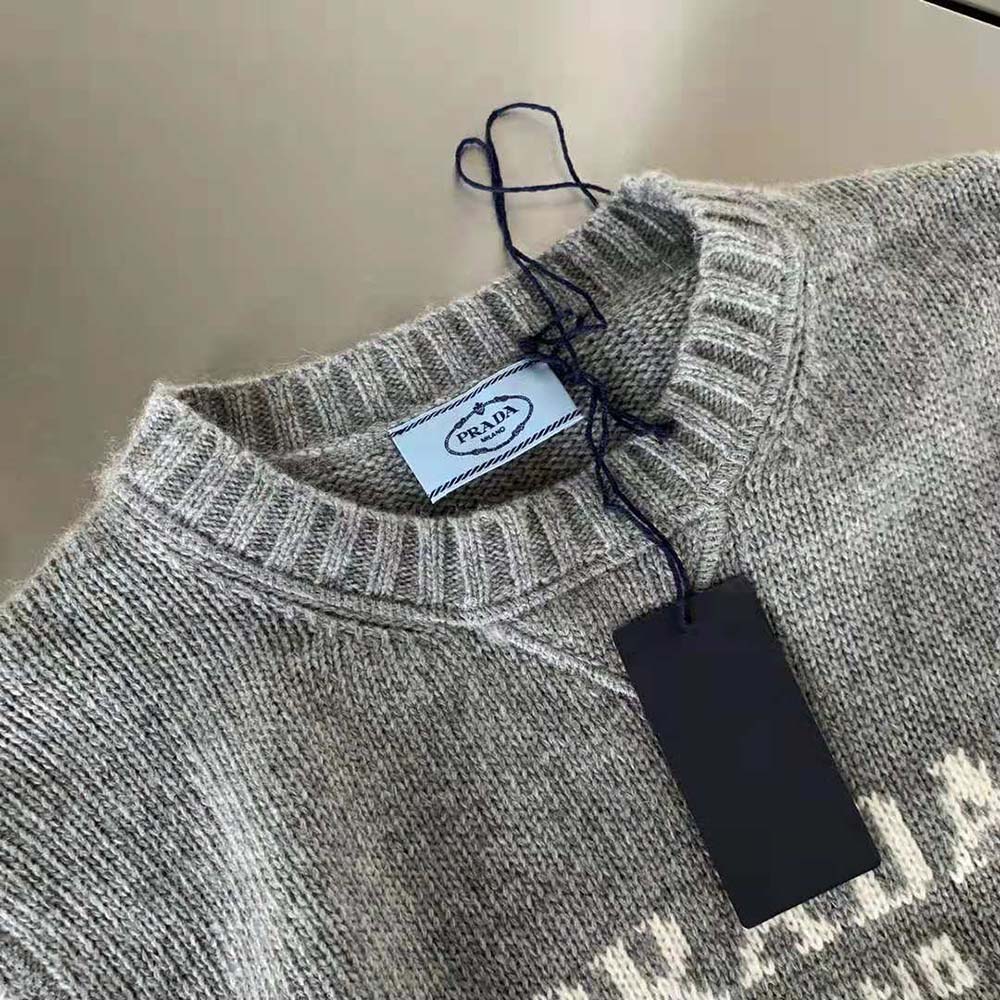 Prada Women Cashmere and Wool Prada Logo Crew-Neck Sweater-Silver - image 10