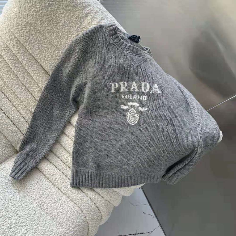 Prada Women Cashmere and Wool Prada Logo Crew-Neck Sweater-Silver - image 4