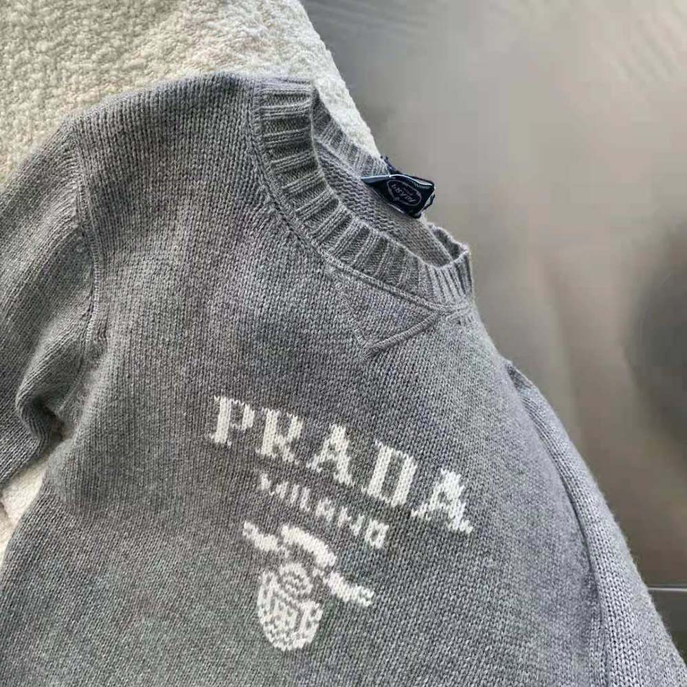 Prada Women Cashmere and Wool Prada Logo Crew-Neck Sweater-Silver - image 8