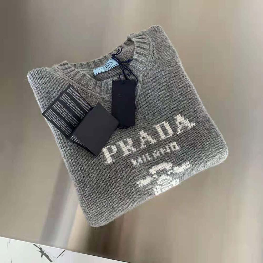 Prada Women Cashmere and Wool Prada Logo Crew-Neck Sweater-Silver - image 6