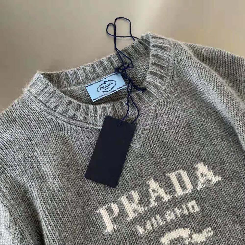 Prada Women Cashmere and Wool Prada Logo Crew-Neck Sweater-Silver - image 7