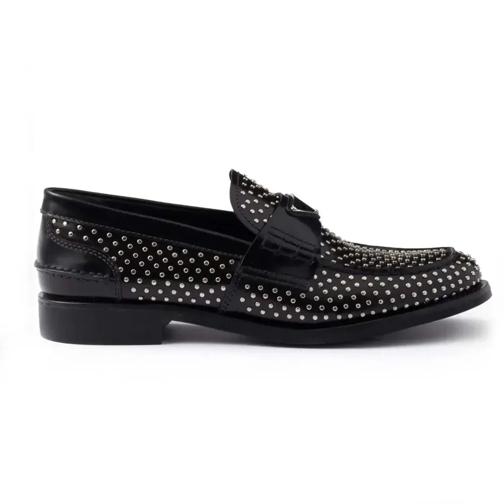 Side view of Prada Women Chocolate Satin Loafers with Crystals-Black